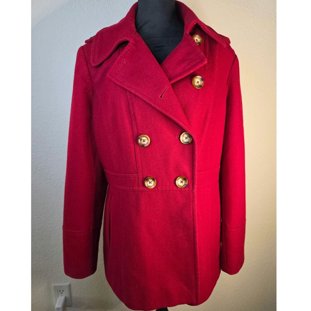Michael Kors Red Double-Breasted Wool Blend Peacoat Tortoise Shell Buttons Sz L